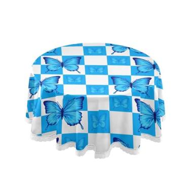 Imagem de Burbuja Toalha de mesa redonda com borboletas xadrez, 152 cm, sem vincos, para cozinha, jantar, fazenda, decoração com acabamento em renda