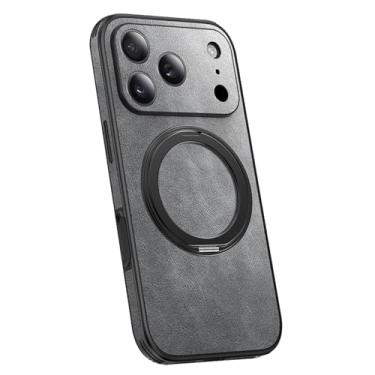Imagem de POYUFRG Capa magnética para iPhone 17 Pro Max/17 Pro/17 Air/17, capa de couro genuíno retrô fina com suporte de anel e capa de proteção para câmera, cinza, 17 Pro