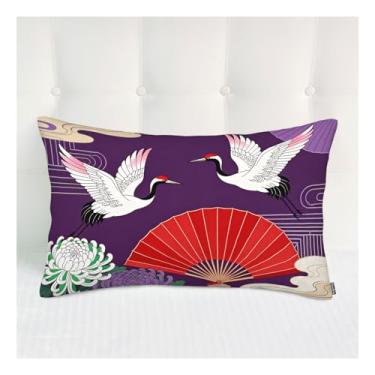 Imagem de Siwehtu Capa de almofada, 50 x 76 cm, vintage, estilo japonês, guindaste, pássaros, flor, leque dobrável, capas de almofadas para sofá, hotel, carro, poliéster