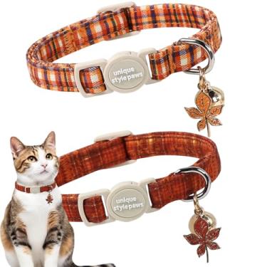 Imagem de Unique style paws Pacote com 2 coleiras para gatinho de outono Halloween com sino e pingente, segurança ajustável colorida laranja marrom grade gato coleira de algodão para meninas, meninos, gatos e