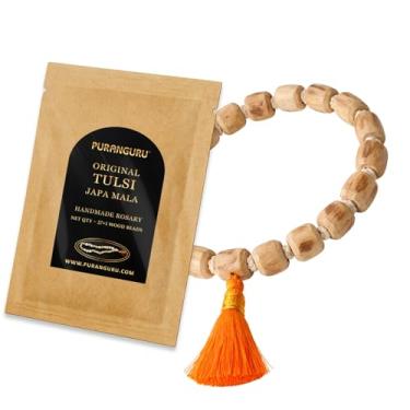 Imagem de PURANGURU Mala pequena de madeira Tulsi | 27 + 1 pulseira de contas cruas naturais | Manjericão sagrado feito à mão com borla | Terço de meditação de oração budista tibetano | Cordão de crescimento