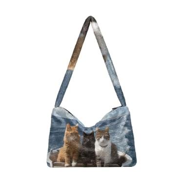 Imagem de Bolsa de ombro feminina para cães tocando guitarra, bolsa de ombro com zíper, bolsa feminina para uso ao ar livre, Três gatos náuticos a bordo, One Size