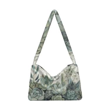Imagem de Bolsa de ombro feminina com textura de flor floral, bolsa de ombro com zíper, bolsa de ombro feminina, Plantas de aquarela verde cinza, One Size
