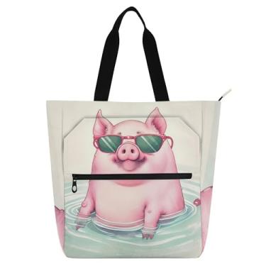 Imagem de GAIGEO Cute Pig Bolsa de trabalho feminina bolsa de tecido de lona bolsa escolar fofa presente infantil para amantes de livros