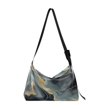 Imagem de GAIGEO Bolsa tiracolo feminina de couro com pintura preta e dourada abstrata, bolsa tiracolo de couro vegano, bolsa grande com zíper, Pintura abstrata preta e dourada - 2, One Size