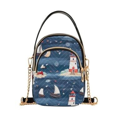 Imagem de Bolsa tiracolo feminina verde e azul tropical em azul, bolsa de ombro pequena, bolsa tiracolo estilosa para viagens, Farol e barcos - 1, One Size