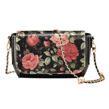 Imagem de Peônias rosa em listras pretas bolsas de couro transversais para mulheres, bolsa transversal de couro, bolsa tiracolo feminina de couro, Rosas com preto-2, One Size