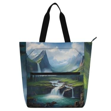 Imagem de GAIGEO Sacolas de trabalho femininas com paisagem de montanha, lona, praia, livro, bolsa com zíper, utilitária, bolsas infantis com compartimentos