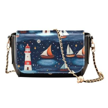 Imagem de Bolsa tiracolo para edifícios e casas na água com alça de corrente, bolsas tiracolo femininas de couro, bolsas transversais de verão para mulheres, Farol e barco à vela, One Size