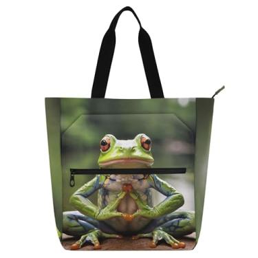 Imagem de GAIGEO Bolsas de trabalho femininas engraçadas com pose de ioga de sapo, bolsa de lona com zíper, bolsa de praia para professores com compartimentos