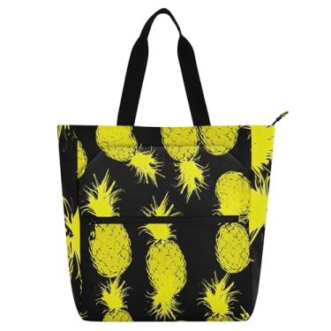 Imagem de GAIGEO Sacola feminina preta de abacaxi amarelo para trabalho, lona, praia, livro, com zíper, utilitária, bolsas infantis com compartimentos