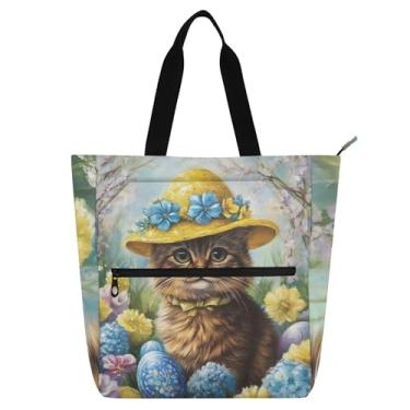 Imagem de GAIGEO Linda sacola de chapéu amarelo de gato de Páscoa para crianças, mulheres, amantes de livros, escola, trabalho, bolsa de compras com zíper