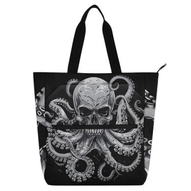 Imagem de Bolsa de trabalho cinza com caveira polvo para mulheres, bolsas de tecido de lona, faculdade, escola, bolsas infantis fofas, presente para amantes de livros