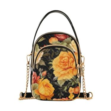Imagem de Bolsa pequena floral rosa em preto com alça de ombro, bolsas transversais femininas, bolsas transversais ajustáveis para mulheres, Flor colorida de rosas laranja e amarelas - 1, One Size