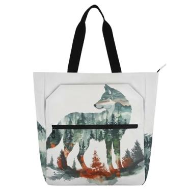 Imagem de GAIGEO Bolsa feminina de trabalho de lobo de arte em aquarela bolsa de lona para escola universitária bolsa de professores com compartimentos