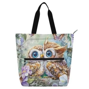 Imagem de GAIGEO Bolsa de trabalho feminina com pintura em aquarela de corujas, bolsa de lona universitária, bolsa carteiro com compartimentos