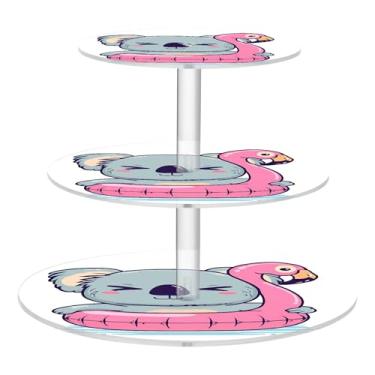 Imagem de Tea Party Suporte de cupcake redondo de 3 camadas para chá de bebê, torre de bolo, exibição acrílica, coala, flamingo, rosa, flutuador, sobremesa, decoração de mesa, cupcakes, comida, lanche