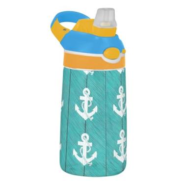 Imagem de Garrafa de água infantil Tritan Sports de 473 ml com tampa de palha, garrafa de água à prova de vazamento de 473 ml, copo infantil reutilizável portátil, alça de transporte, âncoras brancas turquesa