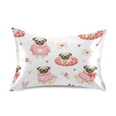 Imagem de Wassud Fronha de cetim para cabelo e pele com desenho animado Pugs Dia dos Namorados Capas de almofada respiráveis tamanho queen com fecho de envelope