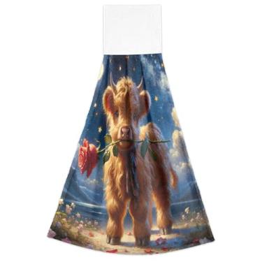 Imagem de Joisal Toalhas de mão de outono com laço para pendurar, estampa de vaca Highland, conjunto de 2 toalhas de chá de forno, toalhas macias absorventes para cozinha, banheiro, 46 x 35 cm