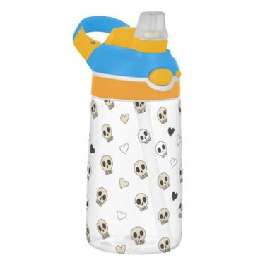 Imagem de Garrafa de água esportiva infantil com caveiras brancas bege corações pretos para escola, 473 ml, 473 ml, garrafa de água Tritan com canudo, copos de viagem infantis à prova de vazamento