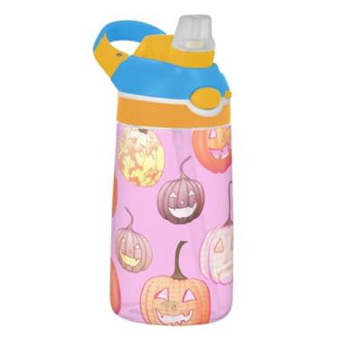 Imagem de Garrafa de água infantil colorida de abóbora rosa para escola, 473 ml Tritan 473 ml garrafa de água esportiva com canudo, copo infantil portátil à prova de vazamento, alça de transporte