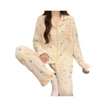 Imagem de Conjunto De Pijamas Femininos Com Laço Rosa, Camisa De Manga Longa E C