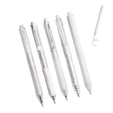 Imagem de GZBABY Conjunto de canetas esferográficas de ponta fina, caneta de gel com aderência macia, 0,5 mm, tinta preta, 5 estilos (branca)