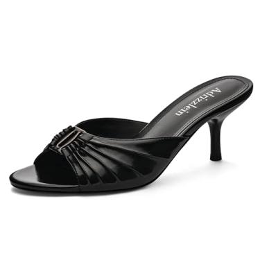 Imagem de Adrizzlein Salto mule feminino franzido, bico redondo, bico redondo, bico aberto, salto baixo, sandálias de salto alto, sapatos sociais, Preto, 41
