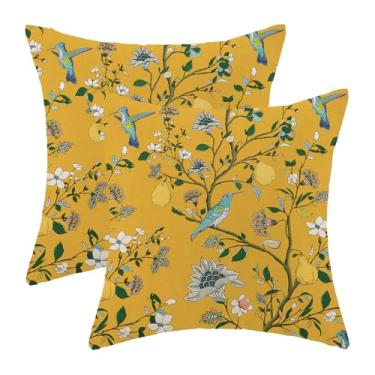 Imagem de Capas de travesseiro vintage amarelo mostarda floral 45,7 x 45,7 cm, conjunto de 2 capas de almofada boho beija-flor silvestre primavera verão ao ar livre chinoiserie fronhas decoração para cama, sofá