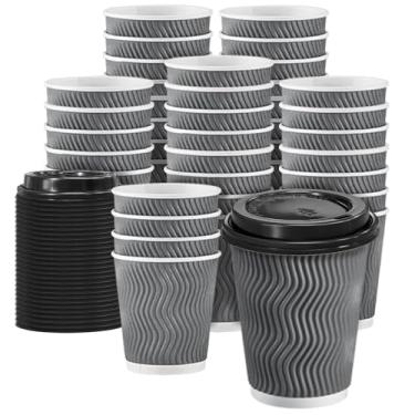 Imagem de Clawsoff Pacote com 100 xícaras de café descartáveis de 293 ml com tampas, copos de café de papel ondulados isolados adequados para chocolate, cacau e bebidas quentes/frias (cinza)