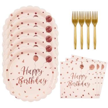 Imagem de BOKFJBP 48 peças de pratos e guardanapos de feliz aniversário - Conjunto de pratos e guardanapos de bolo recortados de aniversário rosa e dourado descartáveis com garfos para decorações de festa de