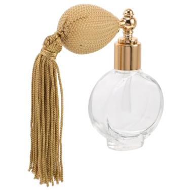 Imagem de DECHOUS Frasco atomizador de perfume vintage recarregável com borla dourada spray elegante recipiente de vidro plano redondo para viagem, uso multifuncional e acessório doméstico elegante