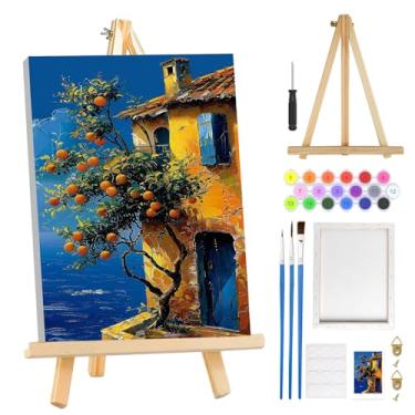 Imagem de MOGTAA Kit de pintura de paisagem por números para adultos iniciantes crianças com moldura, árvore de laranjeira, kits de pintura por números em tela com cavalete, kits de pintura a óleo DIY fáceis