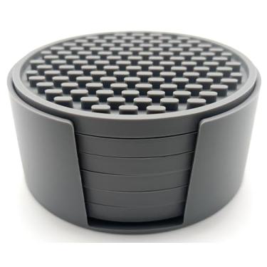 Imagem de Happitasa Porta-copos de silicone estilo tapete de barra de 10 cm, conjunto de 6 com suporte (cinza)