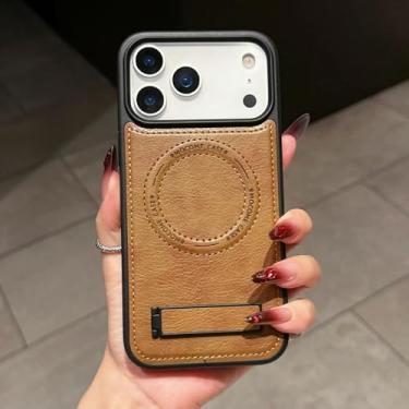 Imagem de SFDSUH Capa de couro PU com suporte, carregamento sem fio magnético e proteção contra impactos para iPhone 16 Pro (para iPhone 16 Pro/Marrom)