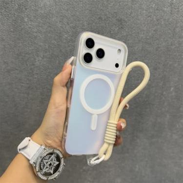 Imagem de SFDSUH Capa com cordão Aurora Gradient para iPhone 16 Pro Max, alça de pulso magnética, capa colorida a laser (Para iPhone 16 Pro Max/Branco)