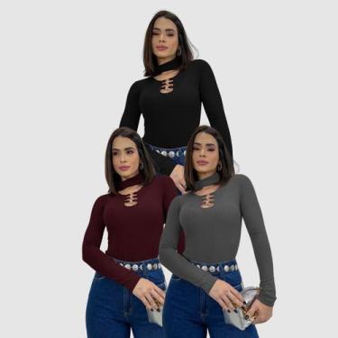 Imagem de Kit 3 Body Blusinha Manga Longa Gola Choker Detalhe Argola Inverno Ele