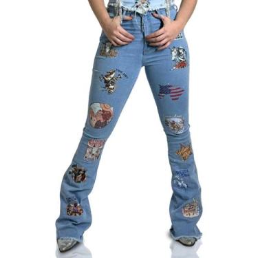 Imagem de Calça Jeans Feminino Delavê Western Design Moda Country Estampada Bril