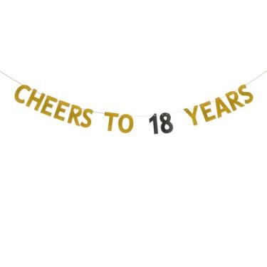 Imagem de Banner CHEERS TO 18 YEARS, pré-amarrado, dourado e preto com glitter para festa de 18 anos, suprimentos de decorações de festa de aniversário de 18 anos, sem necessidade de montagem, letras pretas e