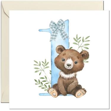 Imagem de Cartão de aniversário de 1º aniversário para meninos - Cartão de aniversário de urso de pelúcia fofo para bebês meninos e crianças de 1 ano, primeiro