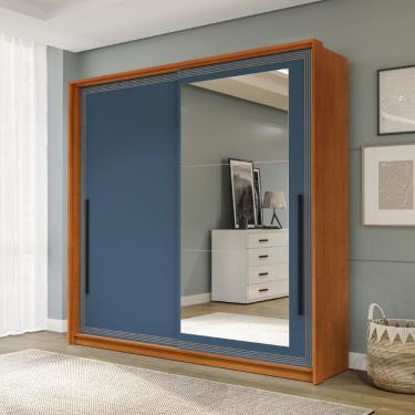 Imagem de Guarda Roupa Roupeiro 2 portas de correr 2 gavetas com Espelho Valência Freijó Azul Politorno Móveis