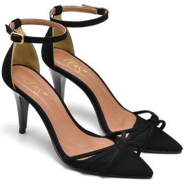 Imagem de Sandália Bico Folha Salto Médio Em Couro Preto Ella's, 38, Preto, Femi