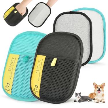 Imagem de SEPNEST Luva eletrostática para remoção de pelos de animais de estimação, tecido de malha azul-petróleo e preta, ferramenta reutilizável de remoção de pelos de cães e gatos para móveis, roupas
