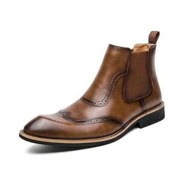 Imagem de Bota social masculina Brogue para negócios, moderna, formal, Chelsea, casual, sem cadarço, cano curto, Marrom, 41