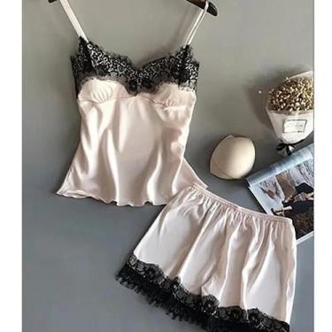 Imagem de Conjunto de Pijama Feminino de Cetim com Decote V, Renda e Laço - Baby