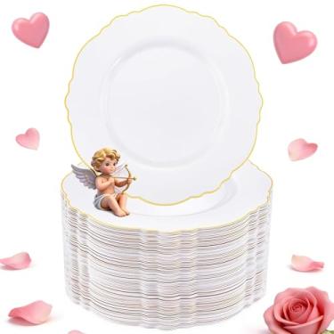 Imagem de WDF 60 peças de pratos de jantar de plástico dourado - pratos barrocos brancos e dourados de 26 cm, pratos de plástico sofisticados para dia dos namorados, casamento e aniversário de luxo