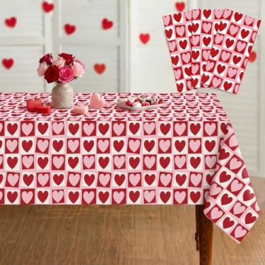 Imagem de Oudain Toalha de mesa de plástico descartável para dia dos namorados, 3 peças, toalha de mesa grande de 137 x 272 cm, decoração de festa de coração rosa, presente de aniversário de casamento
