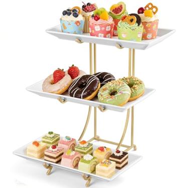 Imagem de Yedio Conjunto de bandeja de servir de 3 camadas – Travessas de porcelana de 30,5 cm com suporte de metal dourado pré-montado, sem necessidade de instalação, bandeja em camadas para exibição de