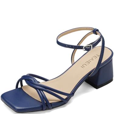 Imagem de TEAIEUI Sandálias femininas de salto alto com tiras quadradas, bico aberto, salto grosso, tira no tornozelo, casamento, festa de formatura, formatura, Azul marinho, 41